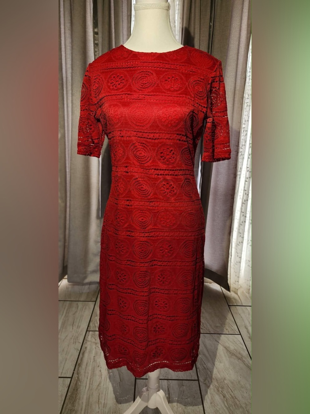 Sharagano Red Crochet Lace Midi Dress